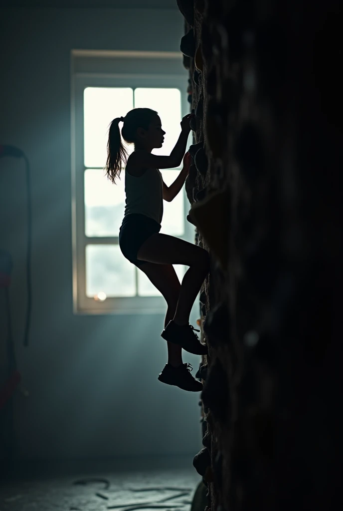 A silhouette of a girl indoor rock climbing