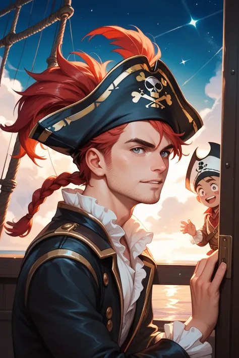 27 year old boy, with reddish hair with a pale test,  with dark jet eyes and typical pirate clothing .  Wearing a characteristic pirate hat with an eye in the center as an emblem,  peeking out on the edge of his ship on a starry night . 