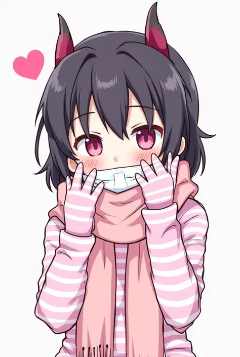 heart, 1girl, gloves, scarf, black_hair, traditional_media, mask, horns, pink_eyes, pink_gloves, bangs, symbol-shaped_pupils, blush, 1boy, hands_on_own_face, striped, ahoge, long_sleeves, upper_body, miniboy