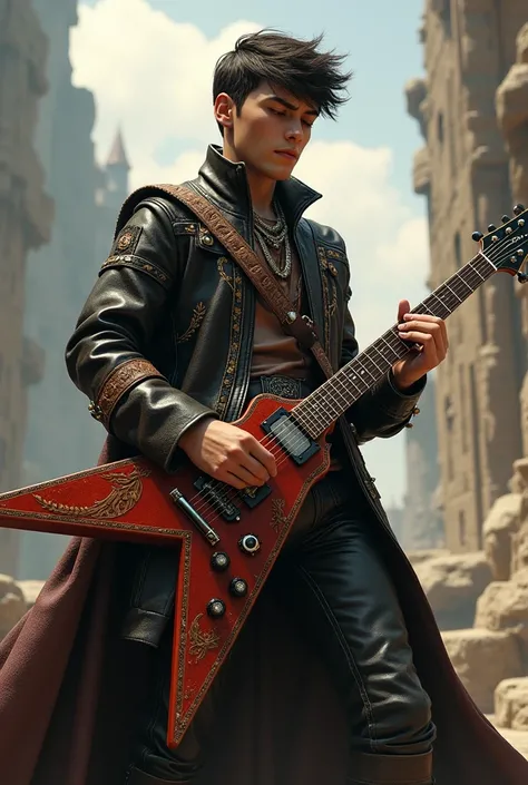 A Adult boy, Playing guitar, with King realm leather outfit, and flying v guitar in hand with guitar realm in background 