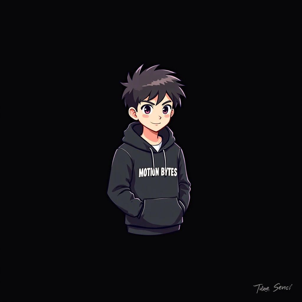 Create a youtube logo of anime boy,wearing black hoodie with the Channel Name on it "MOTION BYTES" like tube sensei,and hand in poket with stylish uppar hair,and light black background. Like tube sensei logo.and cream colour slim outline on boy