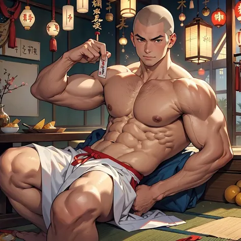 (masterpiece, best quality), a Japanese shaved-head shirtless muscular bodybuilder is doing dogeza, New Year greetings