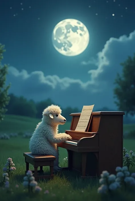 A sheep playing the piano on a full moon night 