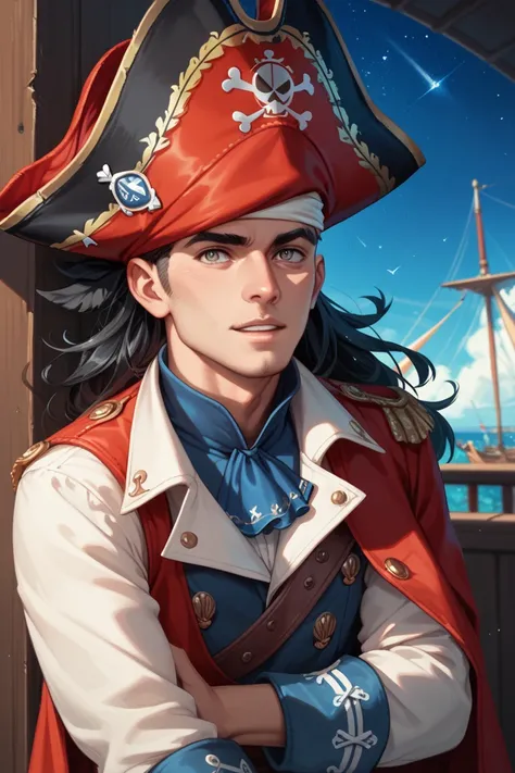 27 year old boy, black-haired with a pale test,  with dark jet eyes and typical pirate clothing .  Wearing a characteristic pirate hat with an eye in the center as an emblem,  peeking out on the edge of his ship on a starry night . 