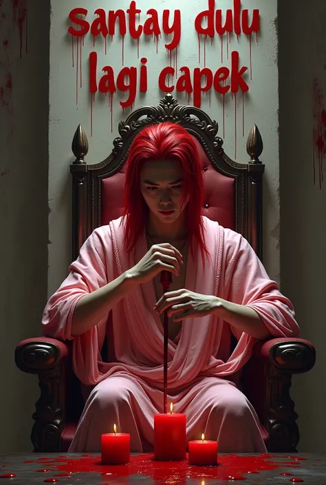 A handsome Korean man with long red hair, wearing a torn pink tattered robe, holding a long dildo full of fresh red blood, sitting on a royal chair, red candles melting on the table, the background of the wall is the word "SANTAY DULU, KETUA LAGI CAPEK" ma...