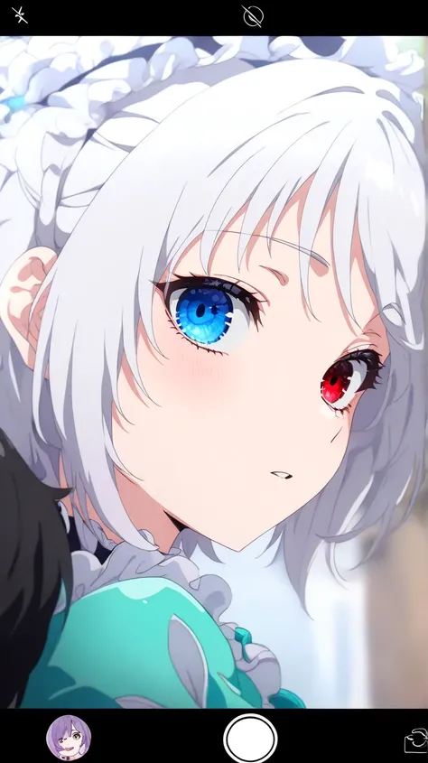 auto-destructive art, lolish, 1girl,solo focus, creepy kawaii, anime vibes,  profile picture 1024px, Short hair, silver-white hair with a slightly messy style and side-swept bangs.Heterochromia iridis),(left eye,Red eyes),(right eye,blue eyes),