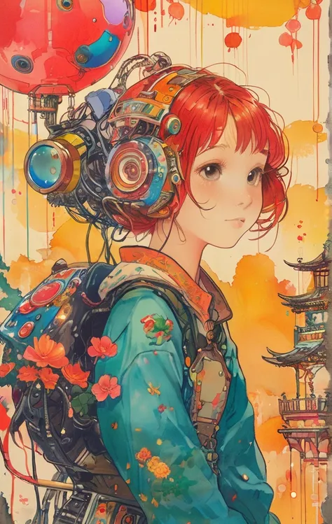 The dragon dancesOn a bright red campus"YES"Character、A colorful and dreamy anime-style illustration of a young girl with short red hair, sitting amidst a vibrant, mechanical landscape. She is wearing a casual outfit with mechanical leg armor, surrounded b...