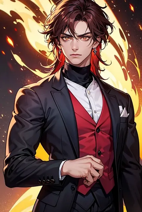 Potrait of a boy, handsome man, dark brown hair with red tips, spiky hair, medium short hair, messy long bangs, long hair side bangs, orange fiery eyes, sharp eyes, danfeng eyes, red eyeliner, tanned skin, black turtle neck suit, wears a jacket, exquisite ...