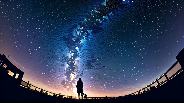 Many stars shine beautifully in the winter night sky., Long exposure of the starry sky、Many circular orbits are visible in the image., Silhouette of a young man and dog(Chihuahua) with long hair、Put your hands in your coat pockets、Looking up, Photo taken f...