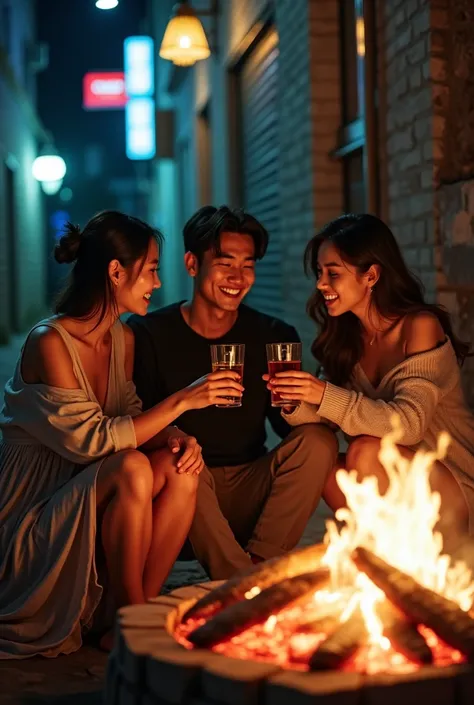  a handsome Korean man is sitting with two beautiful Korean women while burning fish on the side of a narrow alley, there is a bonfire next to him and drinking the Jack Daniels.all dressed in free clothes .the night.Poto is very clear and sharp .