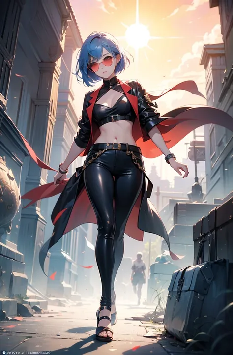 anime - style illustration of a woman in a leather clothing, shirtless:1.5, video game character, official character art, trending on cgstation, e-girl, cushart krenz key art feminine, full body, female action anime girl, blue bob hair, blunt bangs, sun-gl...