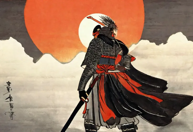 painting of a warrior with a sword and a red sun,   CONCEPT ART INSPIRED BY KANO YOSHIGAI ,  Artstation contest winner , Ukiyo-e, japanese warrior, ancient japanese warrior, warrior warrior, warrior style, Feudal Japan art, Japanese Warrior, Feudal Japan, ...