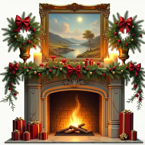 christmas decoration，Marble Fireplace ， There is a flame in the fireplace ，Landscape oil painting，