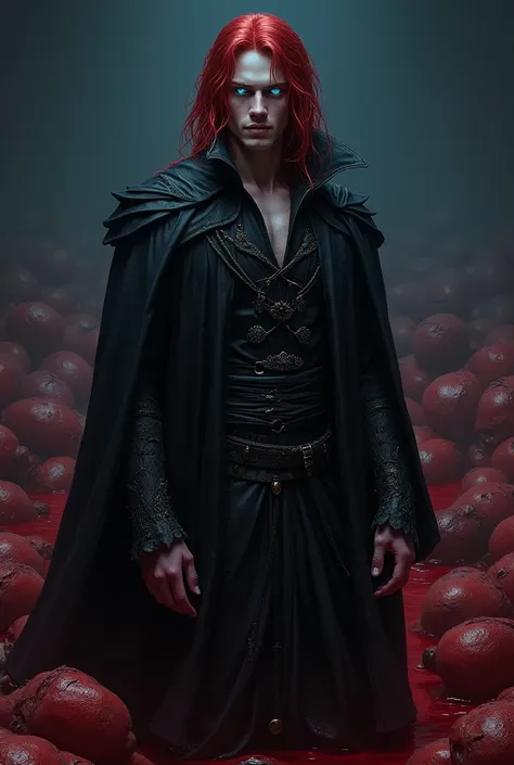  A tall, handsome, and athelic young man who is a vampire with long dark red hair, glowing blue eyes, wearing a dark medieval robe, standing in a sea of dead bodies and blood with other vampires. A dark background. Cover art