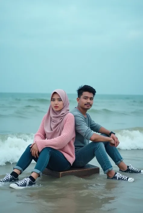  Photographic detail shows an Asian woman in a hijab , wajah bulat chuby,mulut tertutup, wearing a pink knitted sweater , and black sneakers , is sitting on pulao cankir , with legs wide open ,  leaning back with his hands supporting his body with an indon...