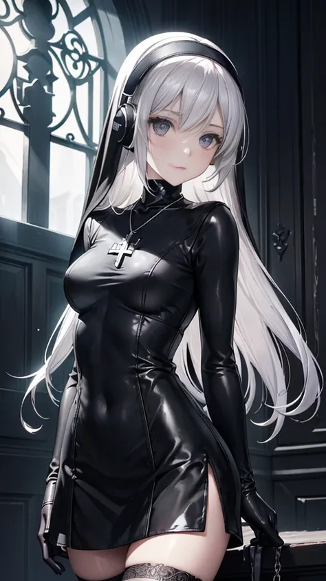   masterpiece ,   The best quality  , alta resolución,  beautiful and detailed eyes ,   extremely detailed face,    Good lighting  , Detailed CG, A young girl ;  tender look,  looking at the spectator, pale skin,  gray eyes,  black leather nuns clothing  ,...