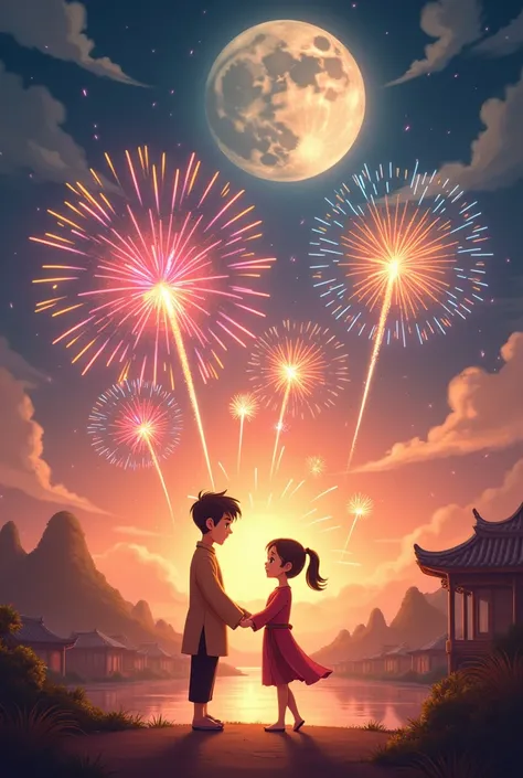 Make me an animated picture that tells the story of a young man accompanied by the spirit of his grandfather playing the firework to celebrate New Year 2025