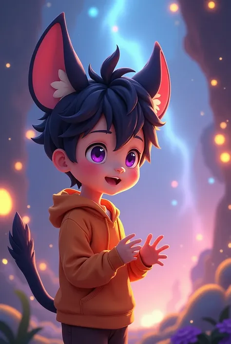  A cute boy with the tail and ear of a rapsa in an orange shirt and hoodie with purple eyes talking:ムーンギャラックス 