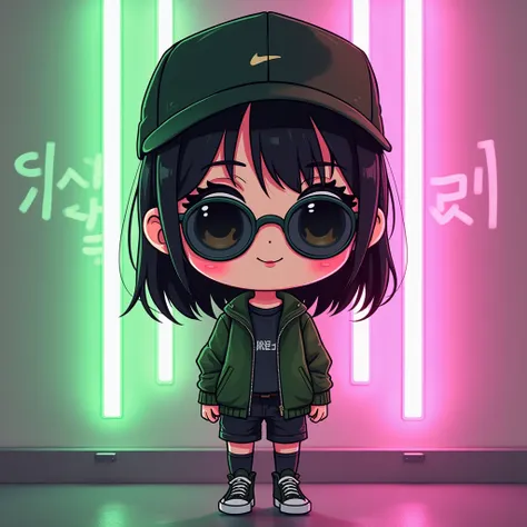 Generate a Beautiful korean girl wearing black green attire baseball cap and sunglasses , name chibi sakura is written on the wall . Neon colors background. Minimalist art 