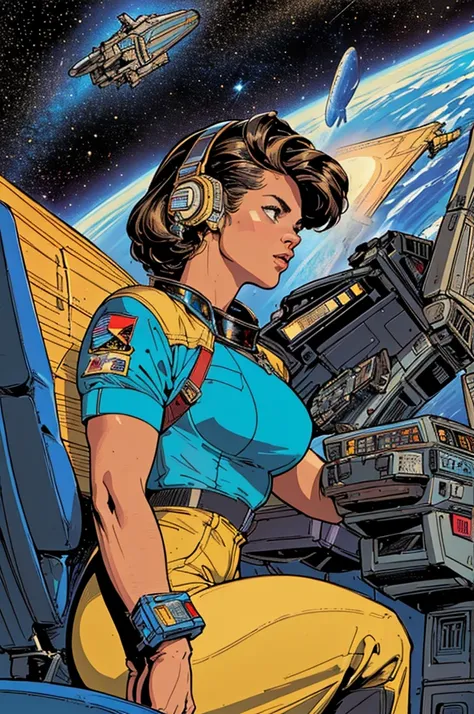 (((Top Quality Masterpiece ))),(((solo:1.2))),((( 1 woman :1.2))), 32K Highly Detailed Wallpaper , Retro Vintage Style ,(dynamic Angles),((( overwhelming highlights))),((most complex machine)), American comics with a very flashy color scheme,80s space thri...