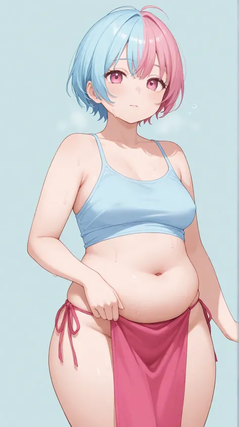 (( top quality )), Small Boobs 、 big tank top 、 pink areolas sticking out of tank top、 high res, sweaty、  dark pink short hair ,  floating multicolored hair ,A little teary、chubby arms 、  chubby waist , light blue pastel background 、White loincloth、 look b...