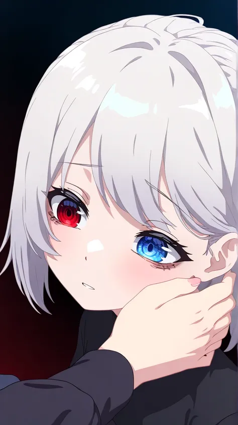 auto-destructive art,dreamy psychedelic anime, lolish, 1girl,solo focus, creepy kawaii, anime vibes, Short hair, silver-white hair with a slightly messy style and side-swept bangs.Heterochromia iridis),(left eye,Red eyes),(right eye,blue eyes), half body d...