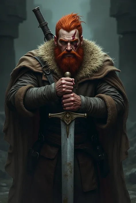 A red-haired man in a dark environment  ,  with a scar on his left eye and a sword with freckles 