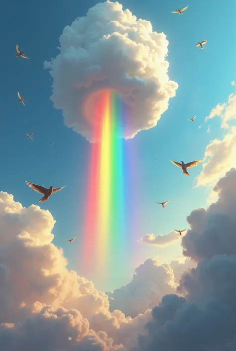 In the sky　Large　rainbow🌈　。　rainbowの　 from above　down　　Slip　descending、。　 little birds 　Look　protect、。Exhilarating 、Daring、。Large　cloud　too　protect。　The speed　Go out　hey、。