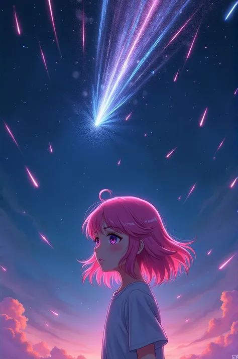 Girl with pink hair and purple eyes on her back as multiple meteorites fall towards her,  Animated style 