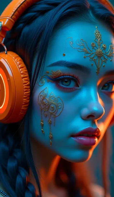  matte painting she wears shamans outfit , Blue Elf, Fractal Punk , Long and Intricate Braided Hair ,  Matte Painted Portrait ,  Very Beautiful Japanese High School Girl Android, Dark blue skin,  Closeup of a woman with a tattoo on her face  ,  tattooed fa...