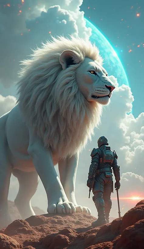 

"Seorang laki-lakisinga raksasa, in the middle of a futuristic and full landscape with elements unimaginable to the human imagination . The lion has incredible size ,  with sparkling feathers and realistic textures ,  as if made of metal materials and en...