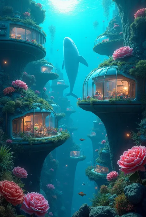 Realistisc depicts an enchanting underwater city with towering structures that resemble glass-enclosed habitats surrounded by vibrant coral and marine life. There are red and blue roses that form the words of 2025,The buildings are adorned with lush greene...