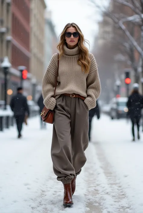 A woman wearing oversized wool pants with a cozy turtleneck sweater, paired with ankle boots and a stylish handbag, walking down a city street in winter, surrounded by snow.
