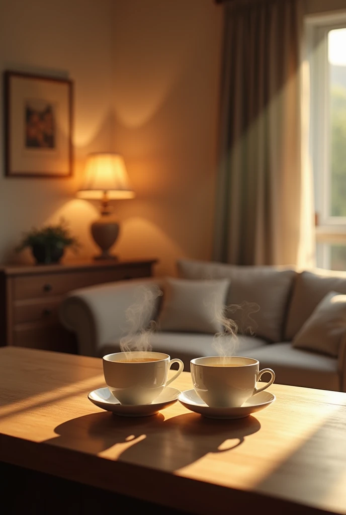 In a phone wallpaper canvas, give me 2 tea cups on a kitchen island table, with a living room in the background, with the couch facing away, blurred, in warm lighting.