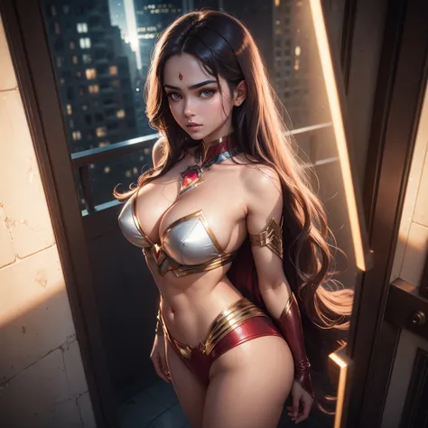 Anime style, (superman girl), insanely beautiful Alina Gorokhova portrait photo, 21 years old, full body, top angle, body curves, navel, miniskirt, smooth creamy skin, beautiful maroon eyes, Beautiful facial details, ((Manhattan background) )), low angle m...