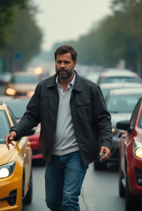 A man sneaking out of a gwagon in anger . Background is road full of cars 