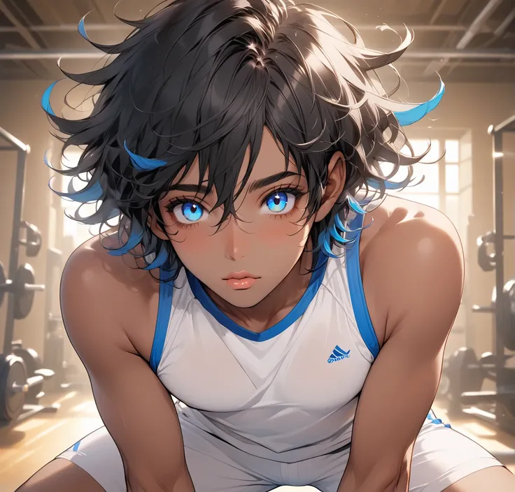 Male, appears 24 (56") delicately built with pronounced curves. Shoulder-length black hair with blue tips. Blue eyes. Tan, dark skin. Sweet, almost innocent features with large eyes and small, kissable lips. Gym clothes