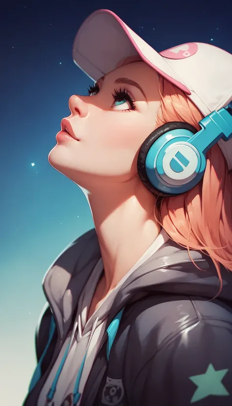 "A side view of a robots wearing headphones and a hoodie with a cap, looking up at the starry sky with its face not showing."