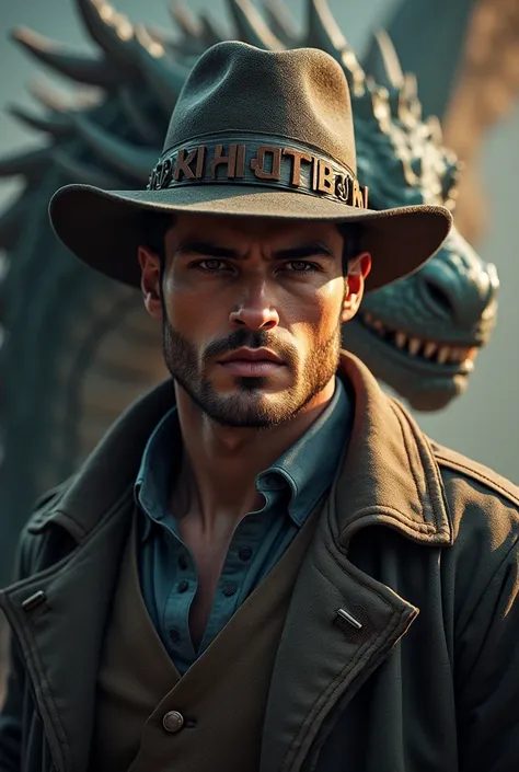  A handsome man in a hat , his hat has a name  "KHOTIB"  on the background of a cool dragon