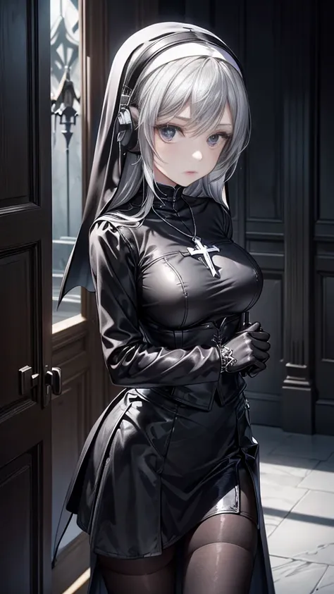   masterpiece ,   The best quality  , alta resolución,  beautiful and detailed eyes ,   extremely detailed face,    Good lighting  , Detailed CG, A young girl ;  tender look,  looking at the spectator, pale skin,  gray eyes,  black leather nuns clothing  ,...