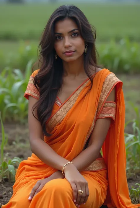 A 26 years old hyper realistic indian woman from village look glamorous in sexy cotton saree and cotton blouse outfit sit on a land she looks like a adult star with big milky boobs she was short height and round face