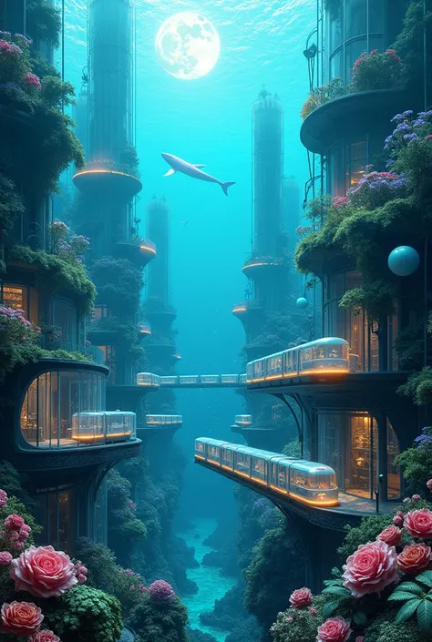 Realistisc depicts an enchanting underwater city with towering structures that resemble glass-enclosed habitats surrounded by vibrant coral and marine life. There are red and blue roses that form the words of 2025,The buildings are adorned with lush greene...