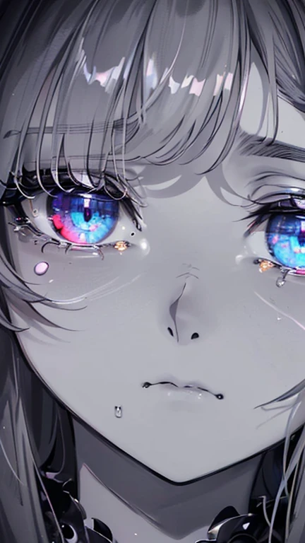 (masterpiece,  Top Quality  ,  super detailed ),  1 girl,  beautifully detailed face  ,    detailed eyes, Watch viewers , multicolored glowing eyes,((  Grey Theme),((depression,   sadness, melancholy)),Grey Skin,  tired expression  ,  sad,Swollen eyelids,(...