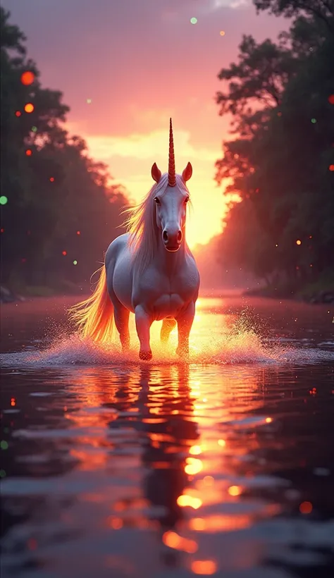 It generates an ultra realistic image of a unicorn surrounded by a very bright golden light coming towards the camera in the shallow water river of Água Dourada surrounded by a forest that emits light particles of various of various colors not with the sky...