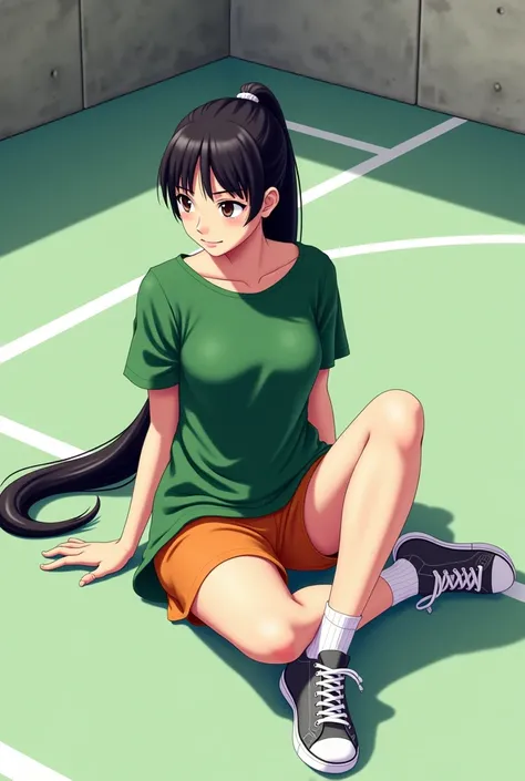 Long black ponytail hair woman wearing green dress with orange shorts underneath and grey sneakers sitting on the floor in basketball court 