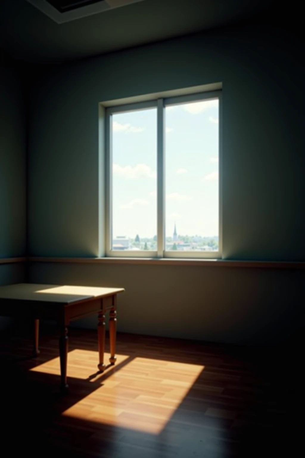 there is a room with a desk and a window in it, interior background art, style of madhouse studio anime, classroom background, ( ( makoto shinkai ) ), anime background art, octane render. by makoto shinkai, background in a cinematic, cinematic establishing...