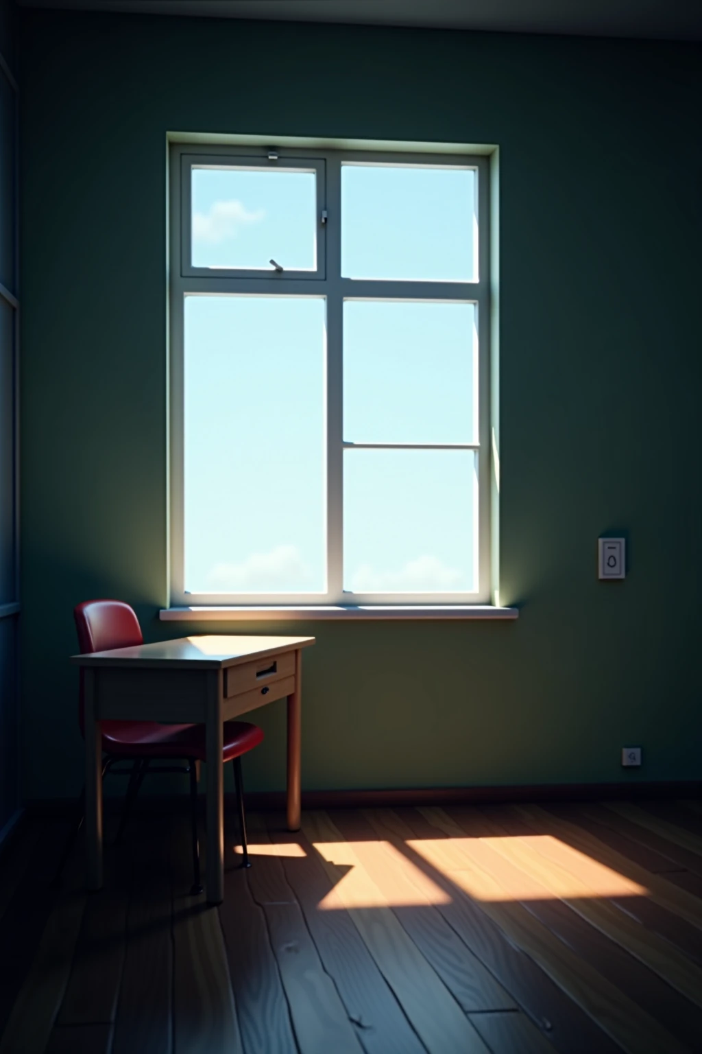 there is a room with a desk and a window in it, a detailed matte painting by senior environment artist, polycount contest winner, digital art, interior background art, style of madhouse studio anime, classroom background, ( ( makoto shinkai ) ), octane ren...