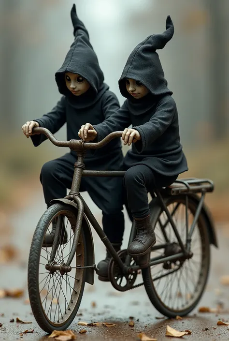  An old bike, 2 Gnomes dressed in black each on one side of the bike pedal,  pedaling they dont have eyes