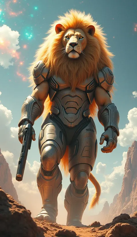 

"A male hybrid of a giant lion, in the middle of a futuristic and full landscape with elements unimaginable to the human imagination . The lion has incredible size ,  with sparkling feathers and realistic textures ,  as if made of metal materials and ene...