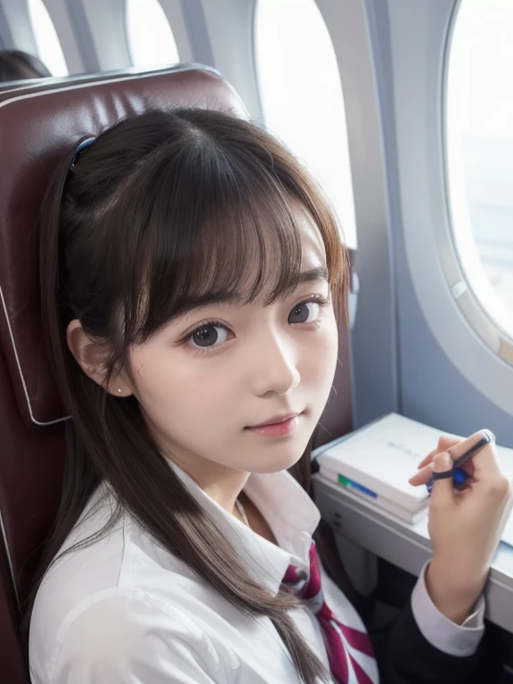 top-quality、​masterpiece、real 20 year old woman、 CABIN Attendant 、School Uniform、In-flight、Puku Face、Hairstyle is short、1girl in、hight resolution、